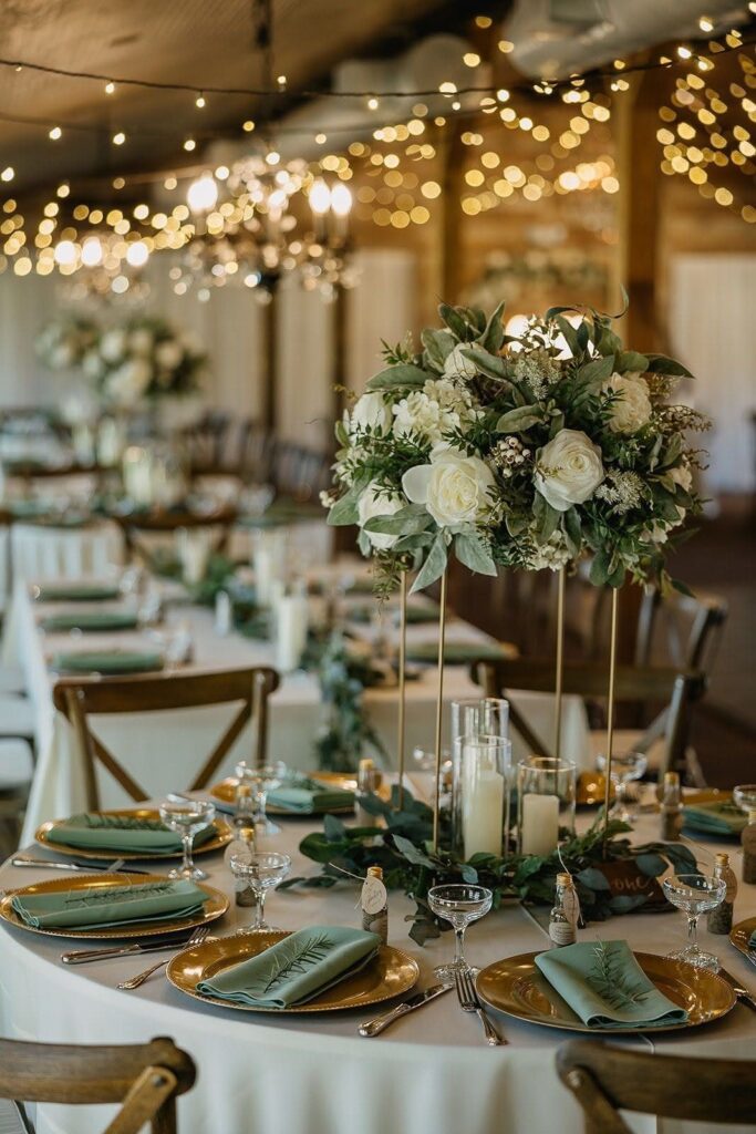 Wedding table setting featuring gold chargers, green napkins, and a tall white floral centerpiece with greenery.