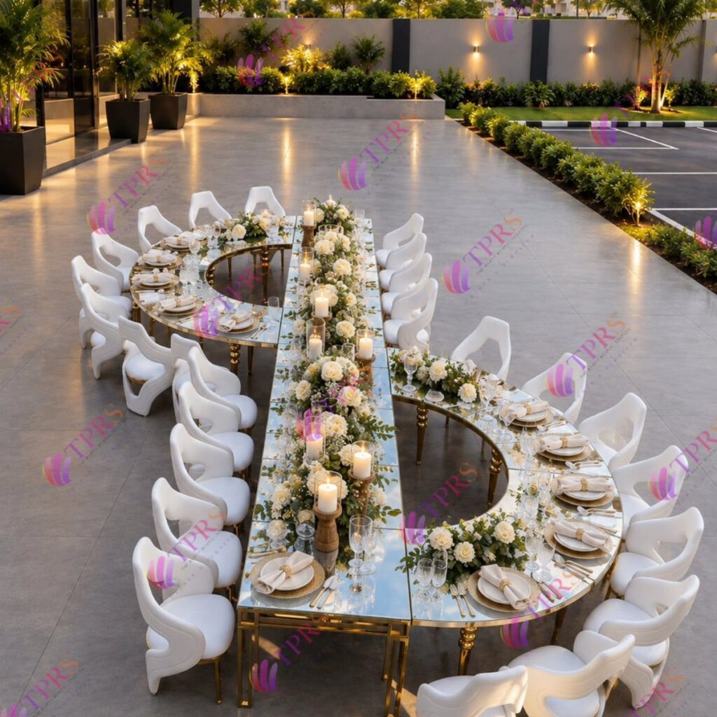 A long mirrored wedding banquet table decorated with white flowers and candles surrounded by white chairs.