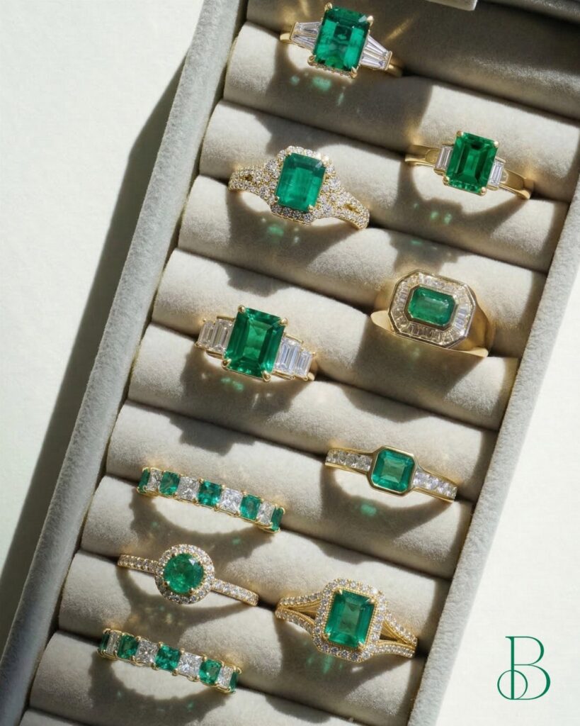 Emerald gemstone rings with gold and diamond settings displayed in a grey velvet jewelry box.